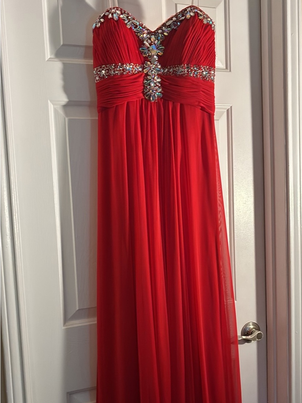 Xscape Red Beaded Strapless Prom Dress
